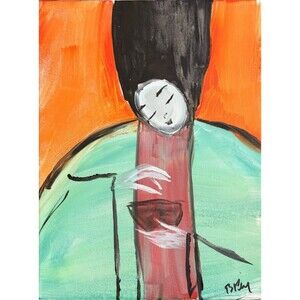 Round Lady with Bowl Inspired Modern Acrylic Painting on Canvas Art 14x11